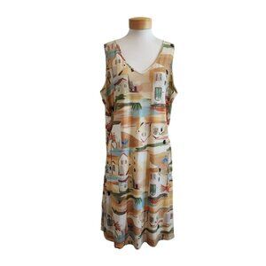 Lunender Summer Italian Vacation House Palms V Neck Rotating Print Dress GG/XL